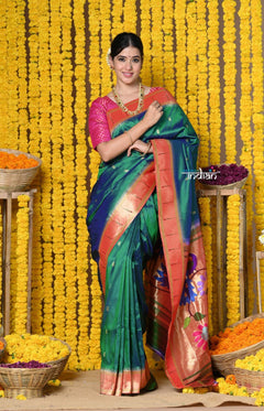 Rajsi~ Handloom Pure Silk Muniya Border Saree with Handcrafted Peacock Pallu in Dual Tone Green - verymuchindian.com