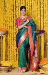 Rajsi~ Handloom Pure Silk Muniya Border Saree with Handcrafted Peacock Pallu in Dual Tone Green - verymuchindian.com
