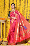 Rajsi~ Handloom Pure Silk Muniya Border Saree WIth Handcrafted Peacock Pallu in Orangish Pink - verymuchindian.com