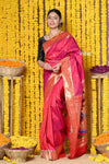 Rajsi~ Handloom Pure Silk Muniya Border Saree WIth Handcrafted Peacock Pallu in Orangish Pink - verymuchindian.com