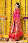 Rajsi~ Handloom Pure Silk Muniya Border Saree WIth Handcrafted Peacock Pallu in Orangish Pink - verymuchindian.com