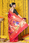 Rajsi~ Handloom Pure Silk Muniya Border Saree WIth Handcrafted Peacock Pallu in Orangish Pink - verymuchindian.com