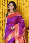 Rajsi~ Handloom Pure Silk Muniya Border Saree WIth Handcrafted Peacock Pallu in Starlight Violet - verymuchindian.com