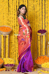 Rajsi~ Handloom Pure Silk Muniya Border Saree WIth Handcrafted Peacock Pallu in Starlight Violet - verymuchindian.com