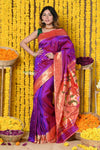 Rajsi~ Handloom Pure Silk Muniya Border Saree WIth Handcrafted Peacock Pallu in Starlight Violet - verymuchindian.com