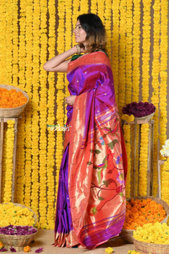 Rajsi~ Handloom Pure Silk Muniya Border Saree WIth Handcrafted Peacock Pallu in Starlight Violet - verymuchindian.com