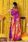 Rajsi~ Handloom Pure Silk Muniya Border Saree WIth Handcrafted Peacock Pallu in Starlight Violet - verymuchindian.com