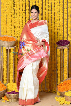 Rajsi~ Handloom Pure Silk Muniya Border Saree WIth Handcrafted Peacock Pallu in white - verymuchindian.com