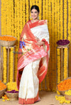 Rajsi~ Handloom Pure Silk Muniya Border Saree WIth Handcrafted Peacock Pallu in white - verymuchindian.com