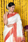 Rajsi~ Handloom Pure Silk Muniya Border Saree WIth Handcrafted Peacock Pallu in white - verymuchindian.com