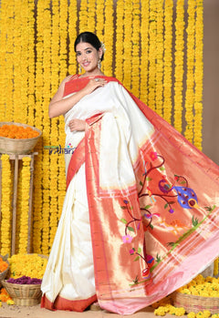 Rajsi~ Handloom Pure Silk Muniya Border Saree WIth Handcrafted Peacock Pallu in white - verymuchindian.com