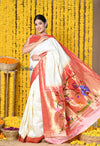 Rajsi~ Handloom Pure Silk Muniya Border Saree WIth Handcrafted Peacock Pallu in white - verymuchindian.com