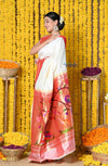 Rajsi~ Handloom Pure Silk Muniya Border Saree WIth Handcrafted Peacock Pallu in white - verymuchindian.com