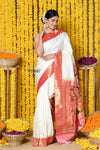 Rajsi~ Handloom Pure Silk Muniya Border Saree WIth Handcrafted Peacock Pallu in white - verymuchindian.com