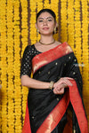 Rajsi~ Handloom Pure Silk Paithani Muniya Border Saree WIth Handcrafted Parrot Pallu in Black - verymuchindian.com