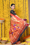 Rajsi~ Handloom Pure Silk Paithani Muniya Border Saree WIth Handcrafted Parrot Pallu in Black - verymuchindian.com