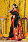 Rajsi~ Handloom Pure Silk Paithani Muniya Border Saree WIth Handcrafted Parrot Pallu in Black - verymuchindian.com