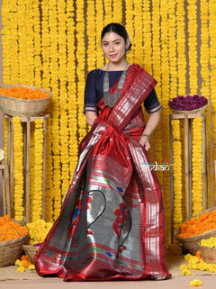 Rajsi~ Handloom Pure Silk Paithani Saree WIth Handcrafted Nath Pallu in Maroon (By Govt Certified Weavers) - verymuchindian.com