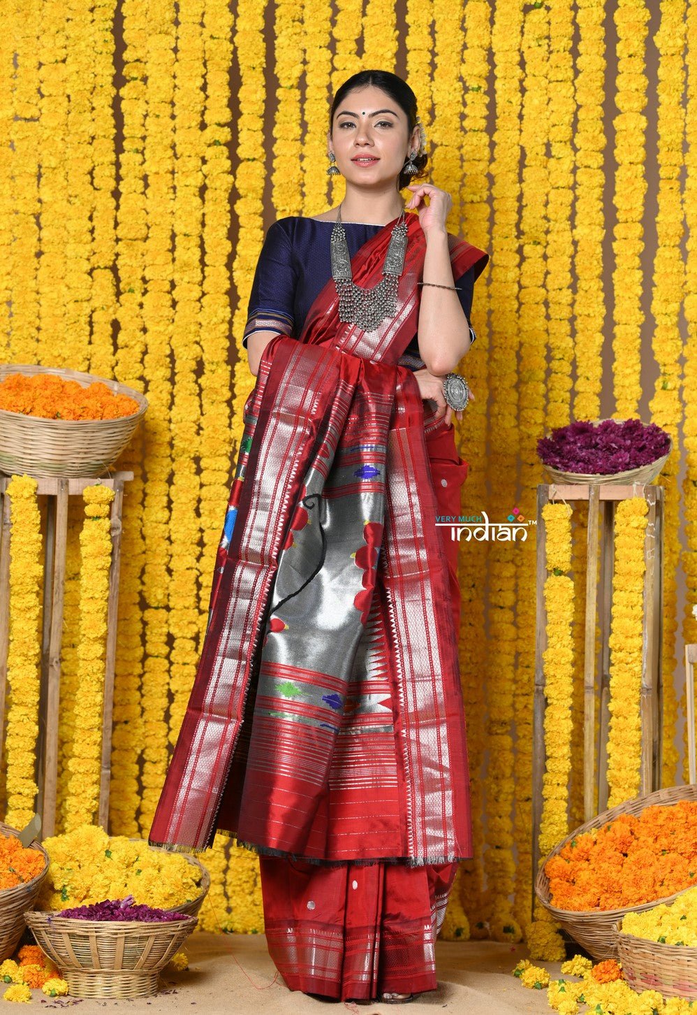 Rajsi~ Handloom Pure Silk Paithani Saree WIth Handcrafted Nath Pallu in Maroon (By Govt Certified Weavers) - verymuchindian.com