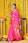 Rajsi~ Handloom Pure Silk Paithani Saree with Handcrafted Peacock Pallu in Pink (By Govt Certified Weavers) - verymuchindian.com