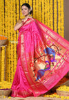 Rajsi~ Handloom Pure Silk Paithani Saree with Handcrafted Peacock Pallu in Pink (By Govt Certified Weavers) - verymuchindian.com