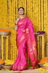 Rajsi~ Handloom Pure Silk Paithani Saree with Handcrafted Peacock Pallu in Pink (By Govt Certified Weavers) - verymuchindian.com