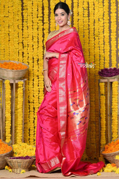 Rajsi~ Handloom Pure Silk Paithani Saree with Most Traditional Double Pallu in Beautiful Pink Bloom - verymuchindian.com