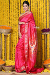 Rajsi~ Handloom Pure Silk Paithani Saree with Most Traditional Double Pallu in Beautiful Pink Bloom - verymuchindian.com
