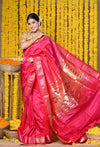 Rajsi~ Handloom Pure Silk Paithani Saree with Most Traditional Double Pallu in Beautiful Pink Bloom - verymuchindian.com