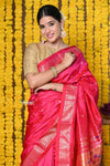 Rajsi~ Handloom Pure Silk Paithani Saree with Most Traditional Double Pallu in Beautiful Pink Bloom - verymuchindian.com