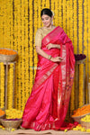 Rajsi~ Handloom Pure Silk Paithani Saree with Most Traditional Double Pallu in Beautiful Pink Bloom - verymuchindian.com