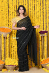 Rajsi~ High Quality Mul Cotton Handloom Woven Saree in Sleek Black - verymuchindian.com