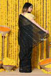 Rajsi~ High Quality Mul Cotton Handloom Woven Saree in Sleek Black - verymuchindian.com