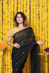 Rajsi~ High Quality Mul Cotton Handloom Woven Saree in Sleek Black - verymuchindian.com