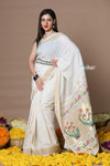Rajsi Topselling~Handloom Pure Cotton Paithani With Asawali Pallu~ Off White Golden - verymuchindian.com