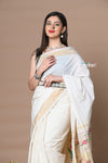 Rajsi Topselling~Handloom Pure Cotton Paithani With Asawali Pallu~ Off White Golden - verymuchindian.com