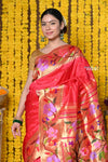 Rajsi~ VMI Heritage Design! Handloom Pure Silk Floral Border Paithani Saree WIth Handcrafted Floral Zari Pallu in Tomato Red - verymuchindian.com