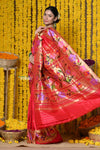 Rajsi~ VMI Heritage Design! Handloom Pure Silk Floral Border Paithani Saree WIth Handcrafted Floral Zari Pallu in Tomato Red - verymuchindian.com