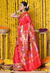 Rajsi~ VMI Heritage Design! Handloom Pure Silk Floral Border Paithani Saree WIth Handcrafted Floral Zari Pallu in Tomato Red - verymuchindian.com