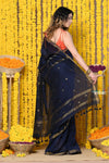 Rajsi~Designed by VMI! High Quality Comfortable Cotton Handloom Woven Saree With Sleek Border in dark blue - verymuchindian.com
