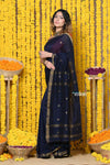 Rajsi~Designed by VMI! High Quality Comfortable Cotton Handloom Woven Saree With Sleek Border in dark blue - verymuchindian.com