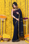 Rajsi~Designed by VMI! High Quality Comfortable Cotton Handloom Woven Saree With Sleek Border in dark blue - verymuchindian.com