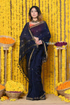 Rajsi~Designed by VMI! High Quality Comfortable Cotton Handloom Woven Saree With Sleek Border in dark blue - verymuchindian.com