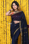 Rajsi~Designed by VMI! High Quality Comfortable Cotton Handloom Woven Saree With Sleek Border in dark blue - verymuchindian.com