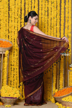 Rajsi~Designed by VMI! High Quality Comfortable Cotton Handloom Woven Saree With Sleek Border in Maroon - verymuchindian.com