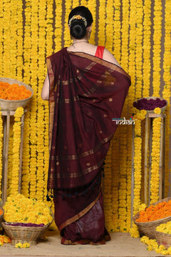 Rajsi~Designed by VMI! High Quality Comfortable Cotton Handloom Woven Saree With Sleek Border in Maroon - verymuchindian.com