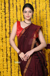 Rajsi~Designed by VMI! High Quality Comfortable Cotton Handloom Woven Saree With Sleek Border in Maroon - verymuchindian.com