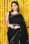 Rajsi~Designed by VMI! High Quality Mul Cotton Handloom Woven Saree With Sleek Border in Black - verymuchindian.com