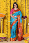 Rajsi~EXCLUSIVE!Handloom High Quality Pure Silk Paithani With Most Traditional Zari Border~ Feroze Blue and Zari - verymuchindian.com