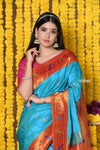 Rajsi~EXCLUSIVE!Handloom High Quality Pure Silk Paithani With Most Traditional Zari Border~ Feroze Blue and Zari - verymuchindian.com